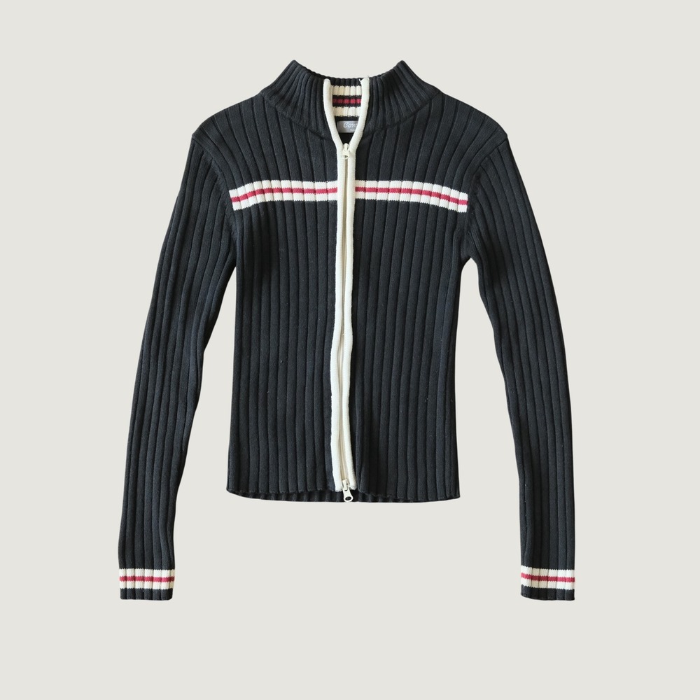 Contact New York Sweater Black Double Zip Ribbed Cotton Retro Y2K S Striped